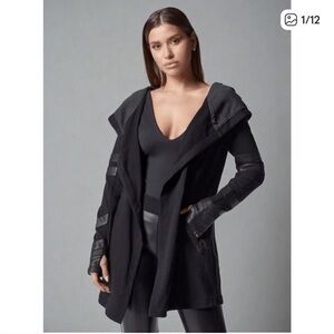 Blanc Noir Black Hooded Jacket with Leather Accents